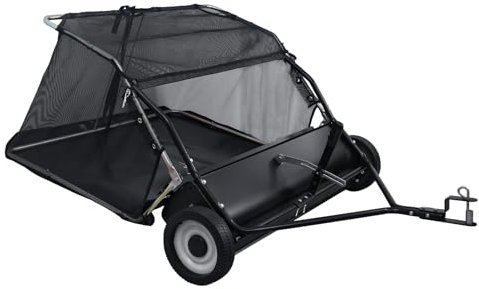 Makamsui Rimorchio per spazzatrice da 111 cm, grande trazione dietro l'erba, altezza di spazzamento regolabile, raccogli erba fogliare, resistente spazzatrice da cortile con corda di scarico per