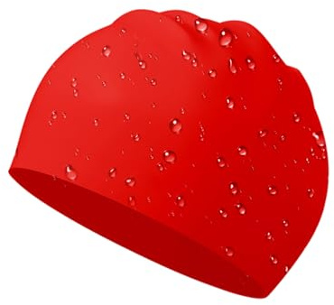 Bliceon Bonnet de bain imperméable pour enfants – 100 % silicone, durable et sans odeur – Extensible, design antidérapant – Bonnet de bain pour enfants de 6 à 14 ans (rouge)