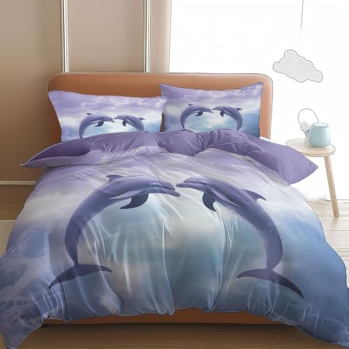 Viola Copripiumino Matrimoniale 240x220 Delfino a forma di cuore 3D Stampa Morbida Microfibra Biancheria da Letto con Cerniera per Bambini/Adulti 1 Copripiumino + 2 Federe 50x80 cm