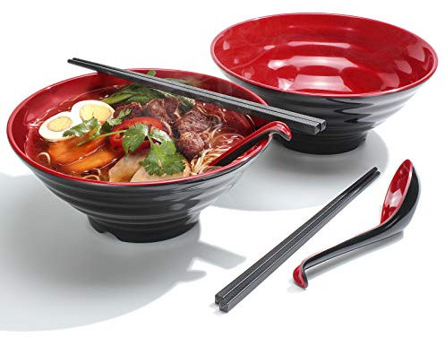 Juego de cuencos Ramen de 1032 ml, cuenco japonés para sopa con cuchara y palillos, para pasta udon asiática, color rojo y negro mezclado (4)