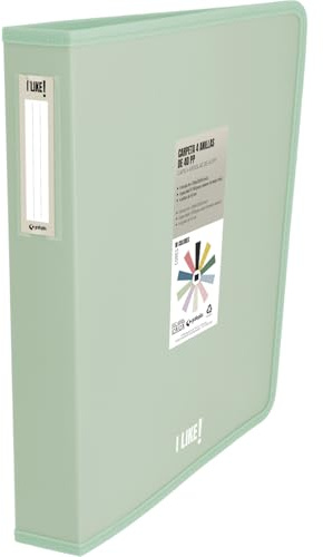 Grafoplas - Ordner mit 4 Ringen aus Kunststoff, A4+, Hellgrün, Kollektion Papeleria Like, halbstarres Polypropylen, undurchsichtig, D-Ringe, 40 mm, extra Kapazität DIN A4 und Folio-Größe