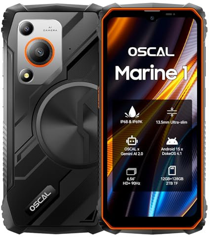 OSCAL Marine 1 Telephone Portable Incassable 12GB+128GB/2TB, 304g/13.5mm Très léger Telephone Incassable, Android 15, 6.56 HD+ 90Hz, AI 16MP, IP69K/Dual SIM/NFC/GPS/2Ans Garantie - Cadeau Homme/Femme