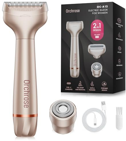 Orchrose Elektrorasierer für Damen Körper: Wiederaufladbarer Schmerzfreier Elektrorasierer für Bikini Gesicht Körper Beine Achseln - 3-in-1 Klinge und Rotierender Rasierkopf (Gold)