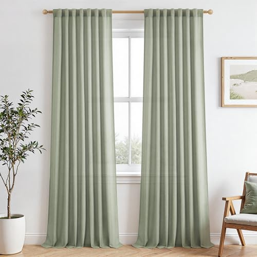 MRTREES Gardin salviagrön linneutseende halvtransparent med stånggenomföring för barnrum flickor, gardiner linne H 245 x B 140 cm för vardagsrum sovrum set om 2, gardiner vardagsrum