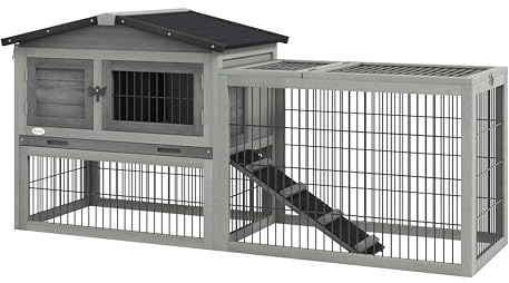 PawHut Kleintierstall Freigehege Outdoor 150 x 52,5 x 68 cm Natur+Grün | Kleintierkäfig mit Freigehege, Meerschweinchenstall, Freilaufgehege, Winterfest, Tierstall, Tannenholz
