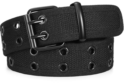 JASGOOD Ceinture Homme Tissu en Toile Double Oeillet Réglable Ceinture Punk Unisexe Style Double Boucle pour Jeans Pantalon,Noir(boucle noir),Taille moins de 117cm(Longueur 135 cm)