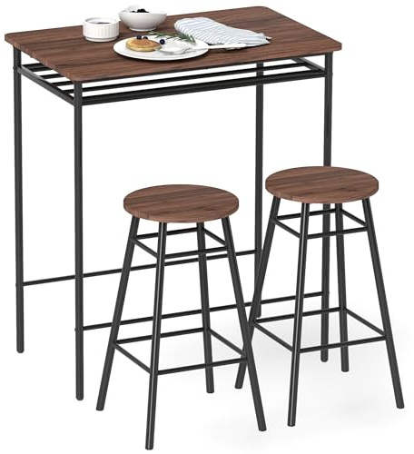 HOMCOM Juego de Mesa y Taburetes de Bar, 2 Taburetes Industrial, Marrón