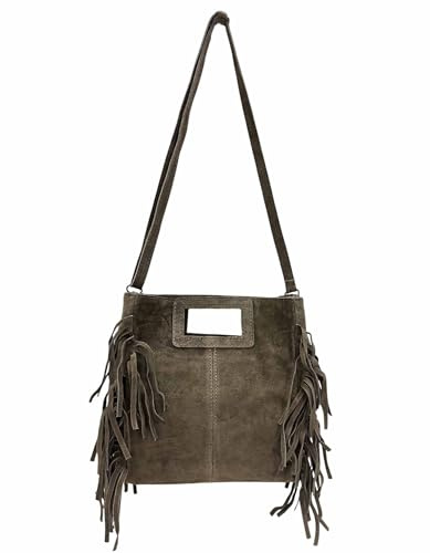 Jeamis Sac à bandoulière en daim avec franges - Léopard - Fabriqué en Italie