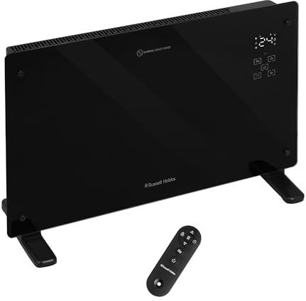 Russell Hobbs Glass Panel Electric Smart Heater WiFi Enabled 2000W with Remote Control in Black, 3 Heat Modes, Touch Contol & LED Display, Auto-Adjust Temperature Sensor, Wall Mountable RHPANH2006B