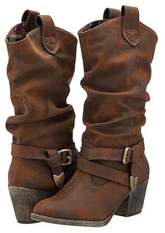 2026 - Botines para mujer, estilo vaquero, holgados, con hebilla, media pantorrilla, punta redonda, terciopelo, tacón bajo, ancho occidental, Brown, 36.5 EU