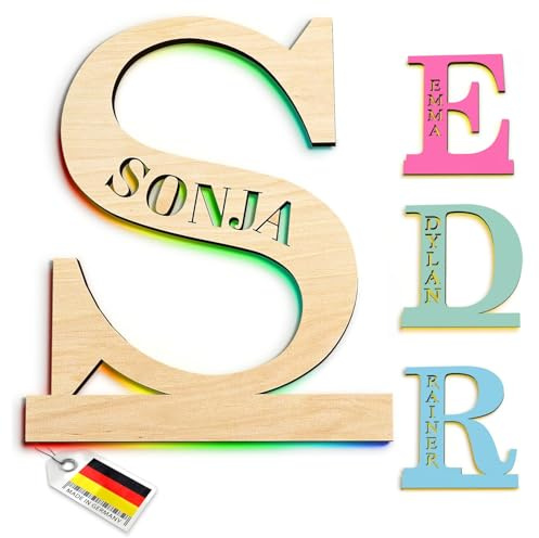 Customdo Buchstaben Lampe mit Namen Personalisierung - LED Wandleuchte aus Holz - Warmweiß oder RGB - Deko für Kinderzimmer Baby Geschenk zur Geburt Taufe