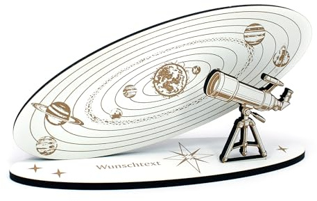 DEKOLANDO Geldgeschenk Sonnensystem – Deko Geschenk Aufsteller 20x10 cm mit brauner Gravur, Teleskop & personalisierbarem Sockel – Geschenkidee für Astronomie, Weltraum & Wissenschaft