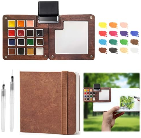 Fakindiy Mini Watercolour Paint Set- Travel Watercolour Set, 15 Grid Wood Pocket Water Colour Paints Palette Set With Sketchbook, Clip, Pen and 15 Colors, Art Painting Set Gift for Beginners, Artists