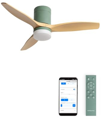CREATE / WINDCALM S/Ventilador de techo ABS con luz verde sage efecto aspas madera clara con Wifi y mando / 40W, Silencioso, Ø112 cm, 3 temperaturas de luz, temporizador, función verano-invierno