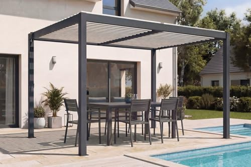 Cazeboo Pérgola bioclimática autoportante AGOSTA 4x3, 250cm de Altura - Aluminio Gris con Lamas Blancas