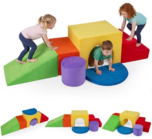 COSTWAY Set di Blocchi in Schiuma per Bambini 3+ Anni, Costruzini Morbide a 6 Pezzi per Mattoncini Sensoriali Componibili, Giochi con Arrampicata, Scivolo e Scala, per Cameretta e Nido (Rosso)
