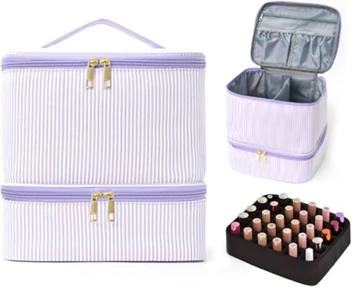 Starnearby Custodia per Smalti, Borsa Organizer Smalti per Unghie, Contenitore per 30 Flaconi (15 ml) e Lampada UV per Unghie, Doppio Strato, Porta Smalti Valigetta (A-strisce viola)