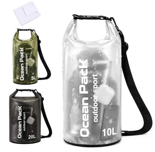 NARHOR Dry Bag wasserdichte Tasche und Kühlendes, schnell trocknendes Handtuch, 5l10l 20l Liter | Wasserfester Packsack Seesack Beutel Waterproof Drybag + Roll-Top (Transparent, 5, Liter)