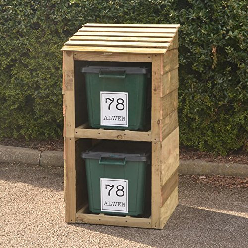 Wooden Double Recycling Bin Storage (660 x 600 x 1135 mm) | Outdoor Weatherproof Bin Shed for 2 Bins | Pressure Treated Pine Wood | Garden Waste Box with 2 Free Personalised Labels | Made in UK