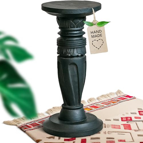 livasia gedrehte Deko Holzsäule 40cm – Antik-Look Podest, Blumensäule, Dekosäule aus Albiziaholz – Balinesische Handwerkskunst, Nachhaltig und Einzigartig (Schwarz)