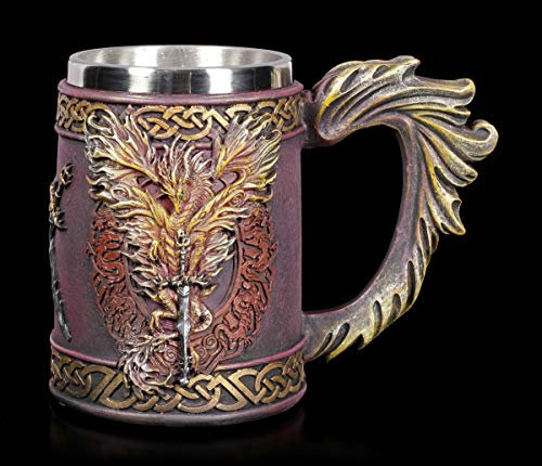 Ruth Thompson Drachen Fantasy Bier-Krug - Flame Blade, Motiv Gothic Bier-Humpen, Krug mit Henkel, Deko-Artikel, mit Edelstahl-Einsatz, H 14 cm