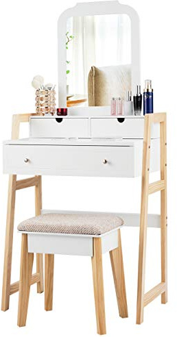 COSTWAY Schminktisch mit LED-Spiegel und Hocker, Frisiertisch mit Beleuchtung & 3 Schubladen, Kosmetiktisch höheverstellbar, Make-up Tisch Holz, 64 x 41 x 137cm, Weiß