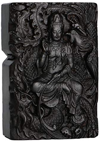 Briquet sculpté en bois d'ébène naturel noir - Boîtier extérieur pour kit d'insertion Zippo (Kwan Yin Goddess Dragon Phoenix)