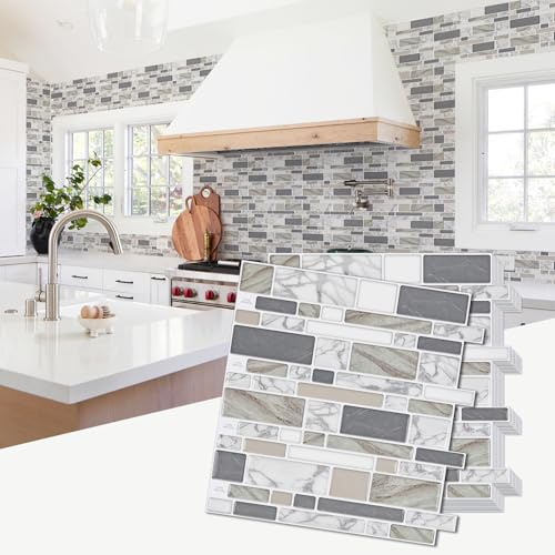 STICKGOO 10-Sheet Marble Look Peel and Stick Wall Tile, 12x12 Premium Self Adhesive Tiles Kitchen Stick on Backsplash,Brown&Gray