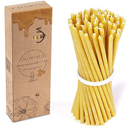 Pure Beeswax Candles, 7.3 Decorative Thin Taper Candles,Honey Scented, Dripless, Smokeless, 40min Burn Time for Birthday, Dinner, Prayer, Church, Hanukkah, Christmas (Yellow, 50 pcs)