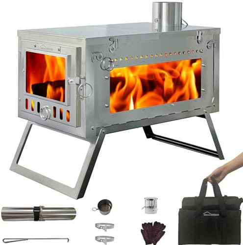 DANCHEL OUTDOOR SSG - Estufa de leña plegable pequeña con vidrio lateral, estufa de leña portátil de acero inoxidable con chimenea de 7 pies para mochileros, campamento de invierno, caza, cocina fácil