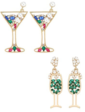 Champagne Glass and Cocktail Tequila Martini Margarita Earrings, Fun Novelty Colorful Handmade Wine Glass Alcohol Goblet Beach Holiday Earrings Gifts Drink for Women Studs Dangling Set Pack, Metal,