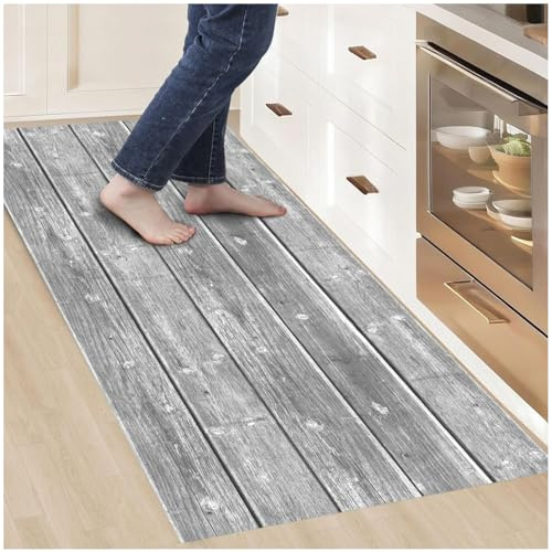 Vinylteppiche mit Parkett-Effekt, grau, 180 x 60 cm, für Küche, robust und stolperfrei, waschbar, rutschfest, für Innen/Außenbereich, flauschiger Vinylteppich
