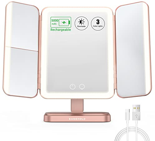 EASEHOLD Schminkspiegel mit Beleuchtung, 3-seitig, 2x/3x/10x, Akku,Roségold | 5000 mah,3-seitige LED-Beleuchtung für eine schattenarme Ausleuchtung, 3 Lichtfarben, stufenlos dimmbar, USB-C-aufladbar