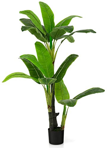 GOPLUS Bananier Artificiel de 152,4 cm de Haut, Faux Arbre Tropical avec 18 Grandes Feuilles, 3 Troncs et Mousse Réaliste, Fausse Plante à Feuilles Persistantes d'intérieur