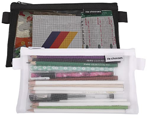 TIESOME Portamatite 2pcs chiaro esame Matita Pouch, Mesh Zipper Pen Pouch Nylon Matita Storage Bag Makeup Bag per le donne Custodia cancelleria portatile per gli studenti adulti (nero + bianco)