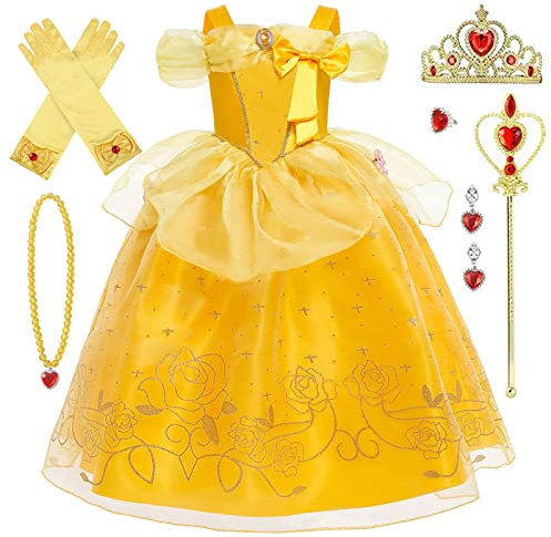 AYIMEIS Niña Vestido de Princesa Bella con Accesorios Disfraz de Bella y la Bestia Niño Disfraces de Princesa Cumpleaños Fiesta Cosplay Navidad Halloween Carnaval Vestirse