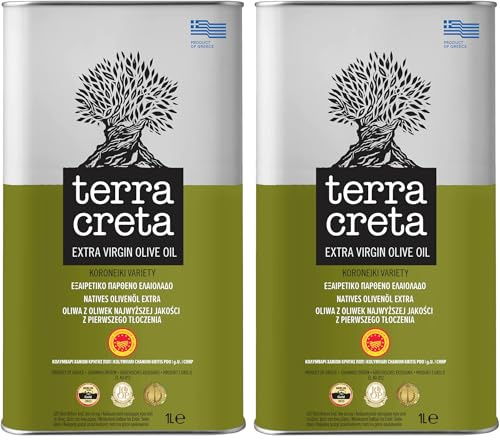 Terra Creta g.U. Extra natives Olivenöl aus Kreta - 2 x 1 Liter Kanister | Kaltgepresstes Olivenöl mit fruchtigem Aroma der Koroneiki Oliven - 1. Güteklasse - Traditionelle Herstellung in Kolymvari
