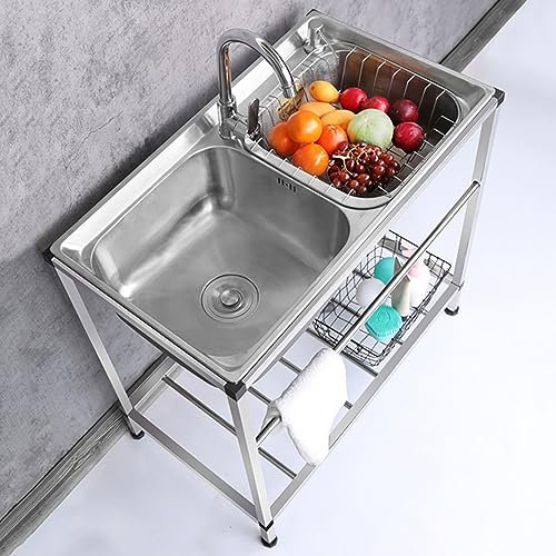 Évier en acier inoxydable pour buanderie Compact Extérieur Cuisine Garage 2 compartiments Autonome Double Bol Lavabo Station avec pieds pour Restaurant Commercial Garage Atelier (Taille