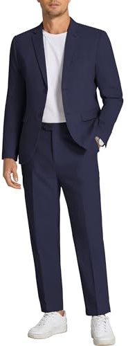 COOFANDY Men's 2 Piece Linen Suits Set Regular Fit Casual Linen Lightweight Suit Summer Beach Wedding,Navy Blue,Large