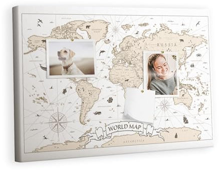 Tulup Memoboard 60x40 cm Leinwand Pinnwand Reise-Tracker Korkbrett Küche Tourkarte - Vintage World Map