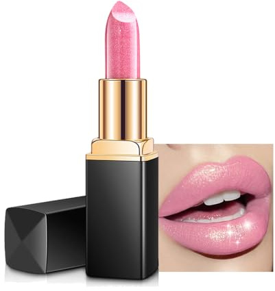 Colour Changing Lipstick Glitter Metallic Pearly Pink Shimmer Non-Stick Cup, Moisturizing Waterproof Long Lasting Lip Stick Lip Gloss, Non Drying Lipstick for Girls Women