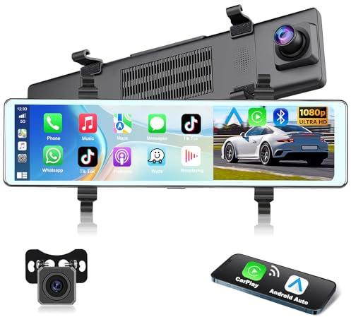 Podofo HD Rétroviseur Dashcam Caméra de Recul avec CarPlay sans Fil Android Auto,11,26 Pouces HD 1080P IPS Écran Tactile Double Caméra de Tableau,2 écrans D'affichage,Bluetooth,Vision Nocturne