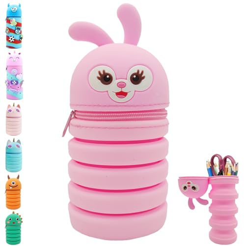 YOUYIKE 2-in-1 Kawaii Kaninchen Federmäppchen Kinder und Stifthalter, Silikon Teleskopisc Kinder, Silikon Make Up Tasche, Pencil Case, Federtasche für Mädchen Teen Geschenk zum Schulanfang