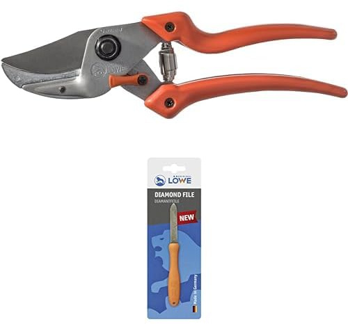 Original LÖWE 8 Set bestehend aus Profi Amboss Gartenschere 8.107 mit Bypass Geometrie für Schneidarbeiten im Garten & Diamantfeile 0023 für Scheren, Äxte und Werkzeuge