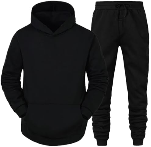 Mens Plain Tracksuit Hooded Jogging Tops Bottoms Trouser Suit Set, Casual Warm Fleece Top Slim Fit Track Suit Sweatsuit With Drawstring Hoodie And Front Pockets Joggers Sets, S To XXL, Black-XL
