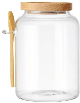KitchenCraft Idilica Glass Storage Jar with Beechwood Lid and Bamboo Spoon, Airtight Glass Canister with Wooden Lid for Kitchen Storage and Organisation, 12ml