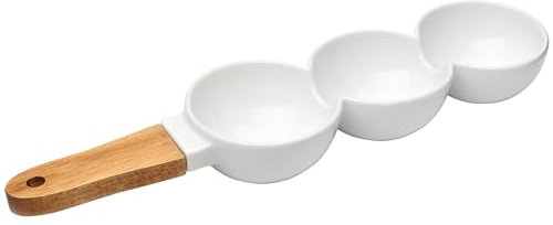 Evannt Ensemble de service pour frites et trempettes en céramique avec poignée en bois, 3 grilles divisées pour divertissement, petits bols de service pour collations, apéritifs (type 2 (forme ronde)