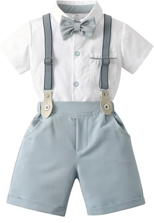 Volunboy Bimbo Completini e Coordinati Gentiluomo, Fiocco Camicia e Bretelle Pantalocini 4 Pezzi Ragazzi per Matrimoni Compleanni（Blu Chiaro，18-24 mesi，Taglia 90）