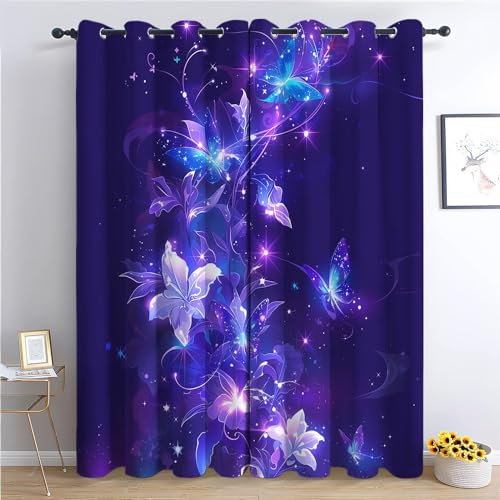 Lärmschutz mit Ösen Vorhang 140x160 cm, Neon Farbenfroher Schmetterling Superweich Deko Vorhang für Wohnzimmer Schlafzimmer, Blickdicht thermovorhang Lila