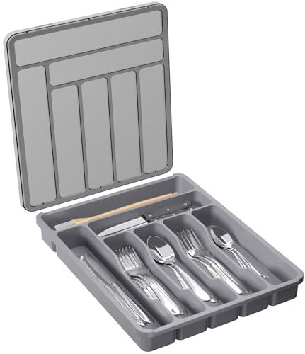 Lifewit Cutlery Drawer Organiser with Lid, Plastic Small Cutlery Tray for Kitchen Drawer, Utensil Flatware Silverware Holder Divider for Spoons Forks Knives Tableware, 7 Compartment, Grey
